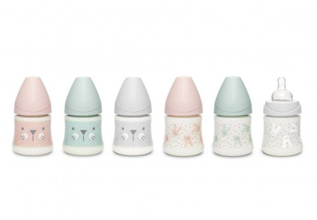 Suavinex, Butelka do karmienia 150 ml - smoczek silikonowy okrągły - Kotek Różowy - Hygge Baby