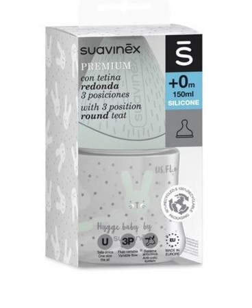 Suavinex, Butelka do karmienia 150 ml - smoczek silikonowy okrągły - Królik Różowy - Hygge Baby