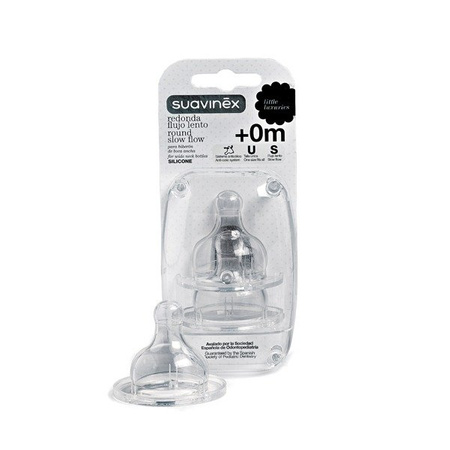 Suavinex, Smoczek do butelek okrągły wolny przepływ 0m+ 2 szt - silikon