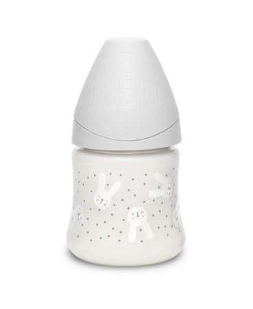 Suavinex, Butelka do karmienia 150 ml - smoczek silikonowy okrągły - Królik Szary - Hygge Baby